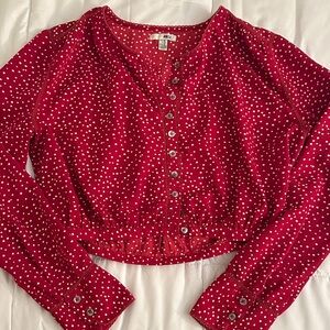 Amuse Society Red Polka Dot Cropped Button-Front Top